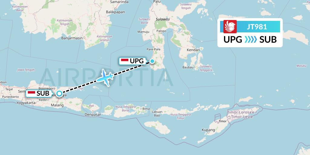 JT981 Lion Airlines Flight Map: Makassar to Surabaya