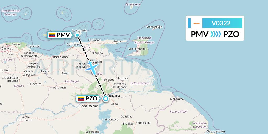V0322 Conviasa Flight Map: Porlamar to Puerto Ordaz