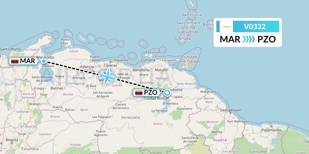 V0332 Conviasa Flight Map: Maracaibo to Puerto Ordaz