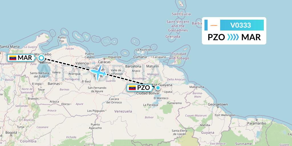 V0333 Conviasa Flight Map: Puerto Ordaz to Maracaibo