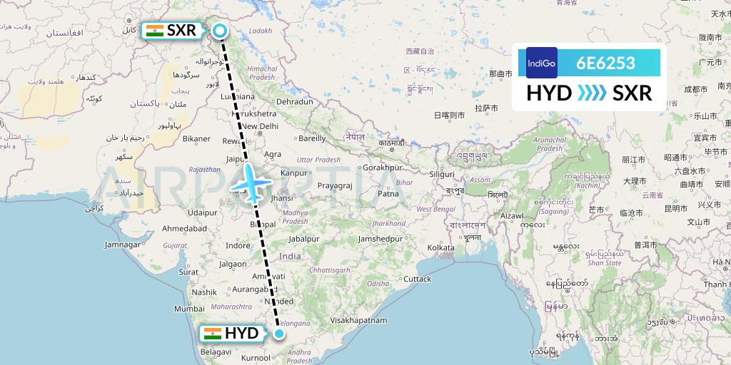 6E6253 IndiGo Airlines Flight Map: Hyderabad to Srinagar