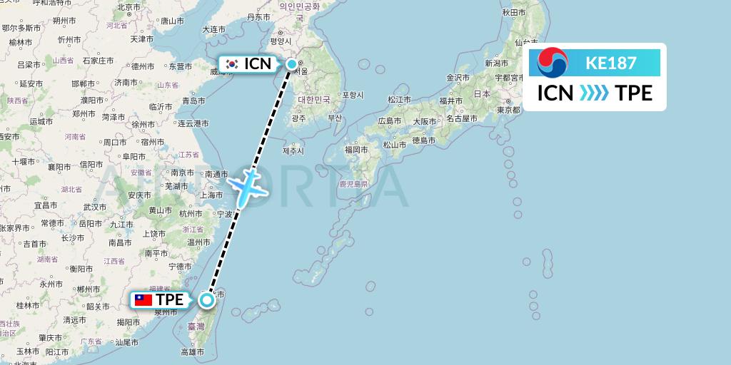 KE187 Korean Air Flight Map: Seoul to Taipei