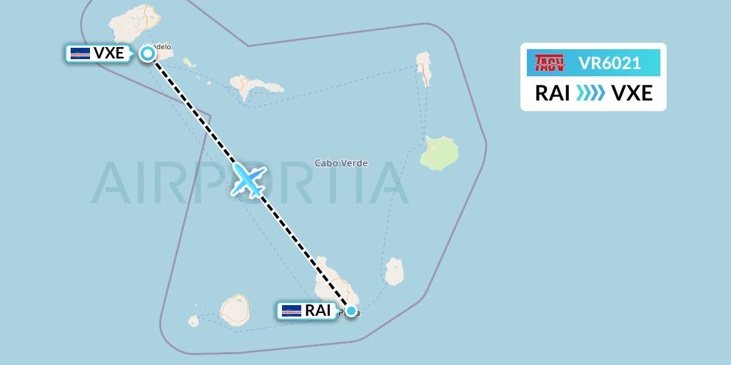 VR6021 TACV Cape Verde Airlines Flight Map: Praia to Sao Vicente