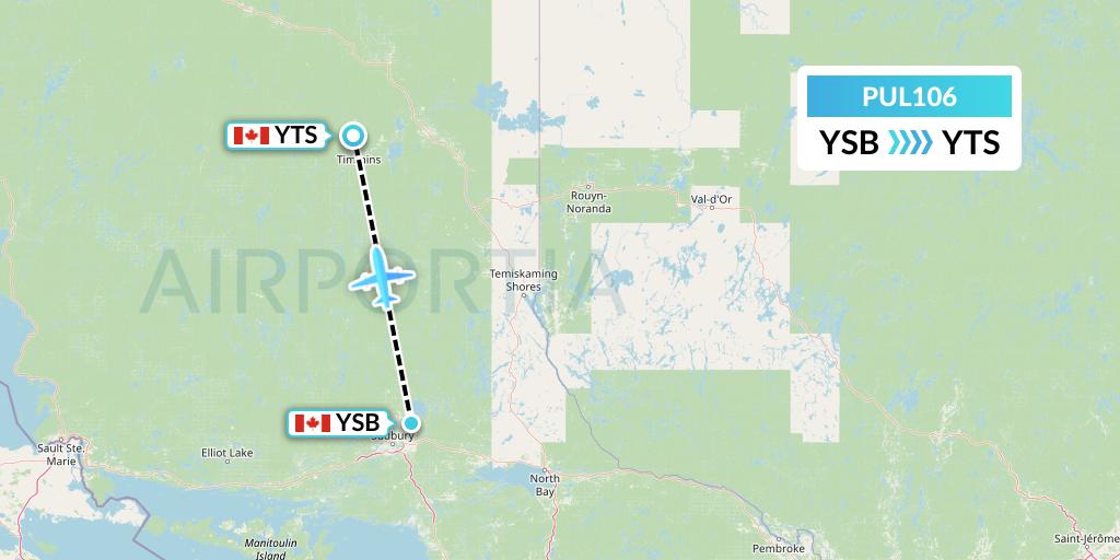 PUL106 Ornge Air Flight Map: Sudbury to Timmins
