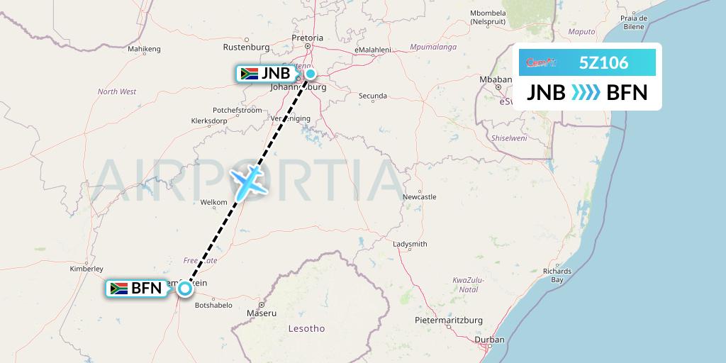 5Z106 CemAir Flight Map: Johannesburg to Bloemfontein