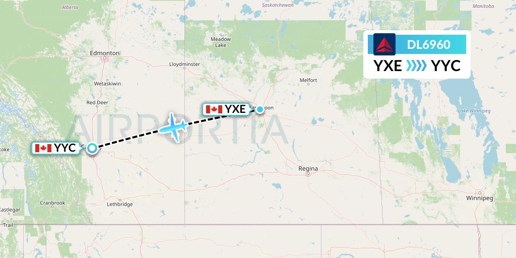 DL6960 Delta Air Lines Flight Map: Saskatoon to Calgary
