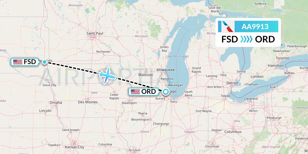 AA9913 American Airlines Flight Map: Sioux Falls to Chicago