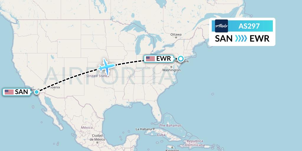 AS297 Alaska Airlines Flight Map: San Diego to New York