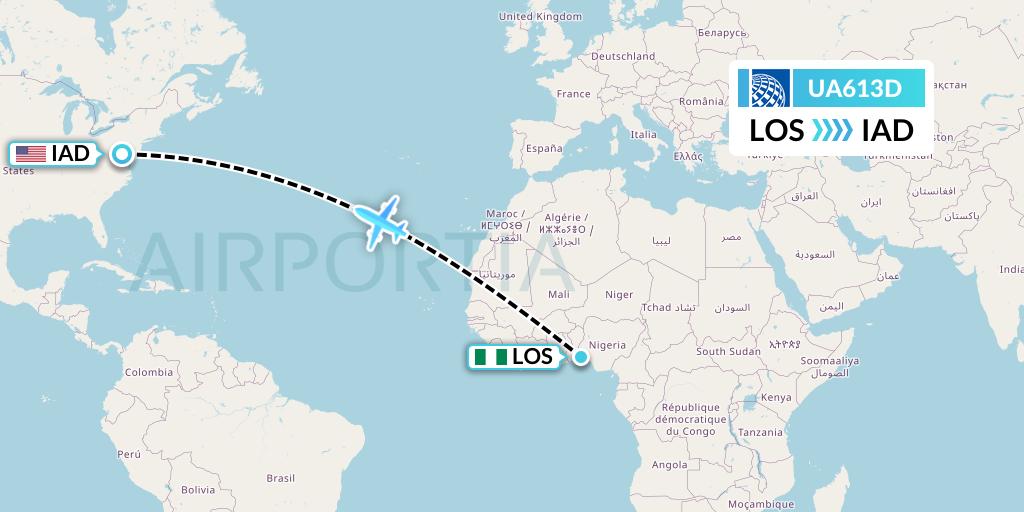 UA613D United Airlines Flight Map: Lagos to Washington