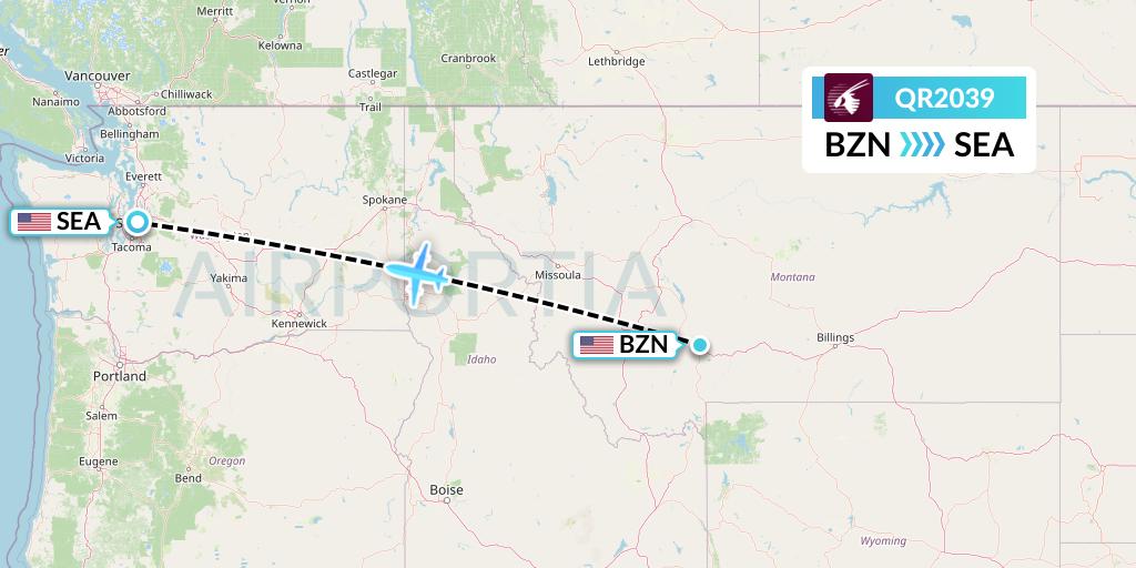 QR2039 Qatar Airways Flight Map: Bozeman to Seattle