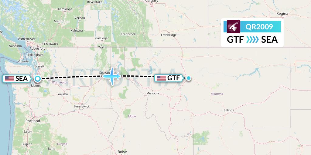 QR2009 Qatar Airways Flight Map: Great Falls to Seattle