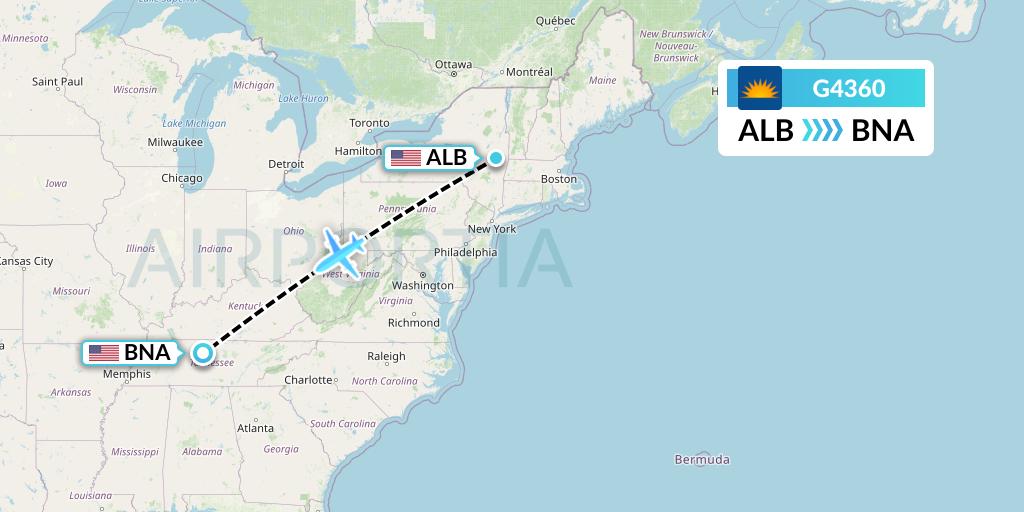 G4360 Allegiant Air Flight Map: Albany to Nashville