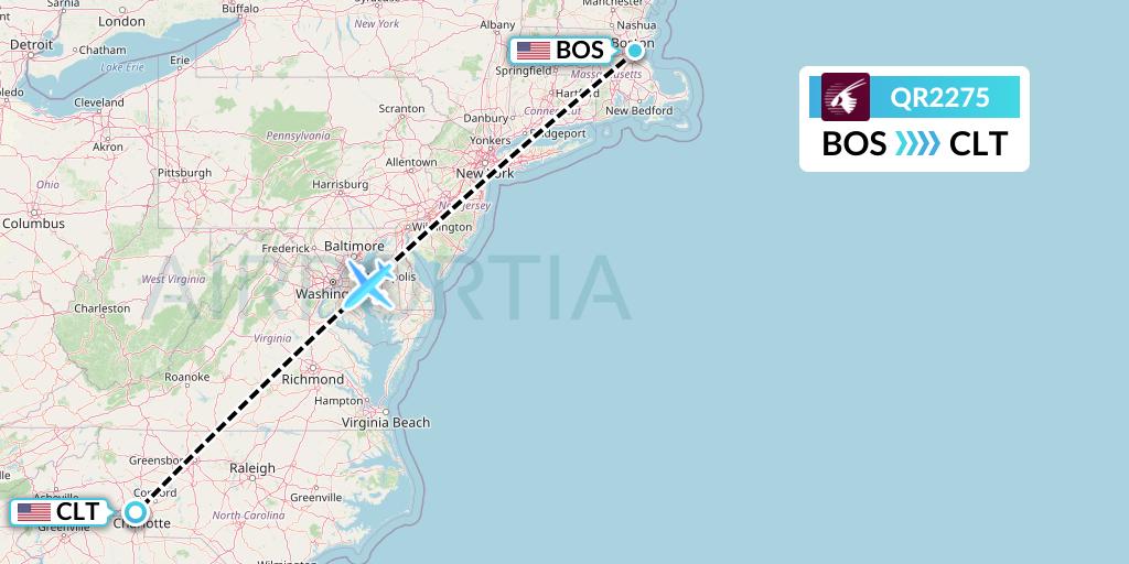 QR2275 Qatar Airways Flight Map: Boston to Charlotte