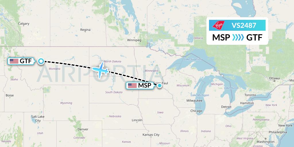 VS2487 Virgin Atlantic Airways Flight Map: Minneapolis to Great Falls