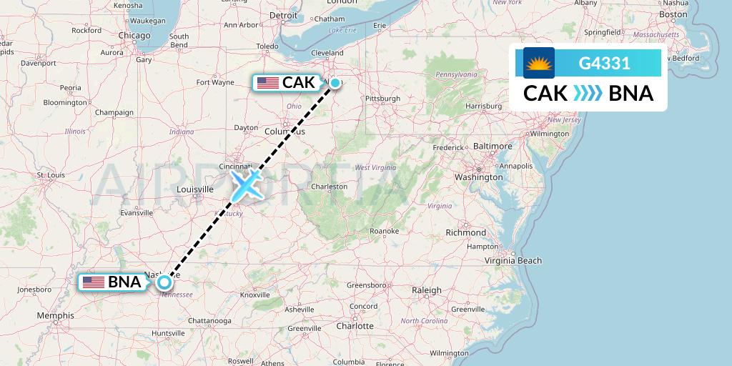 G4331 Allegiant Air Flight Map: Akron to Nashville