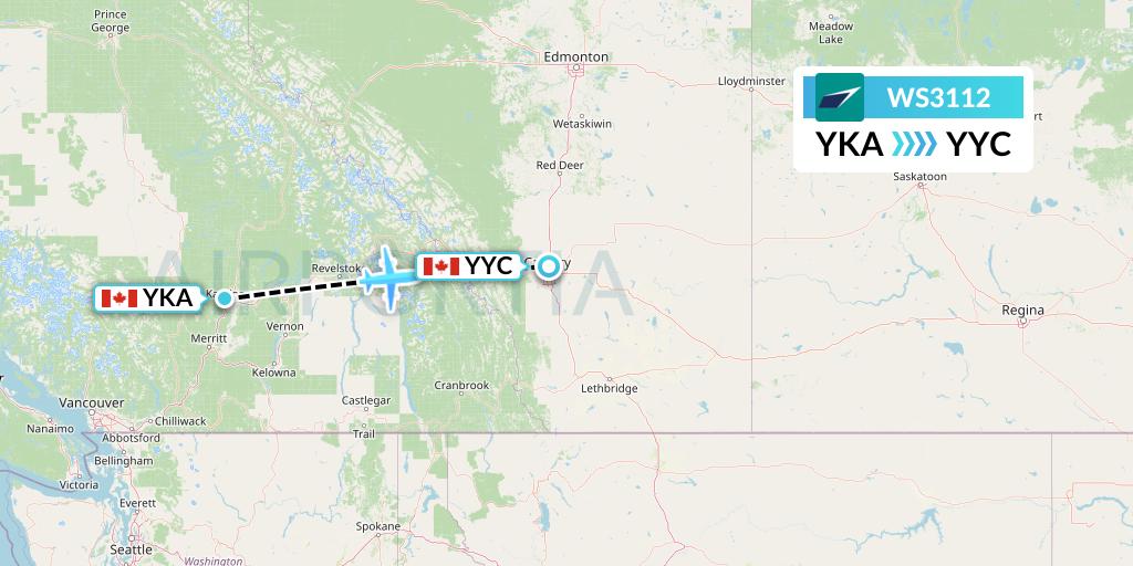 WS3112 WestJet Flight Map: Kamloops to Calgary