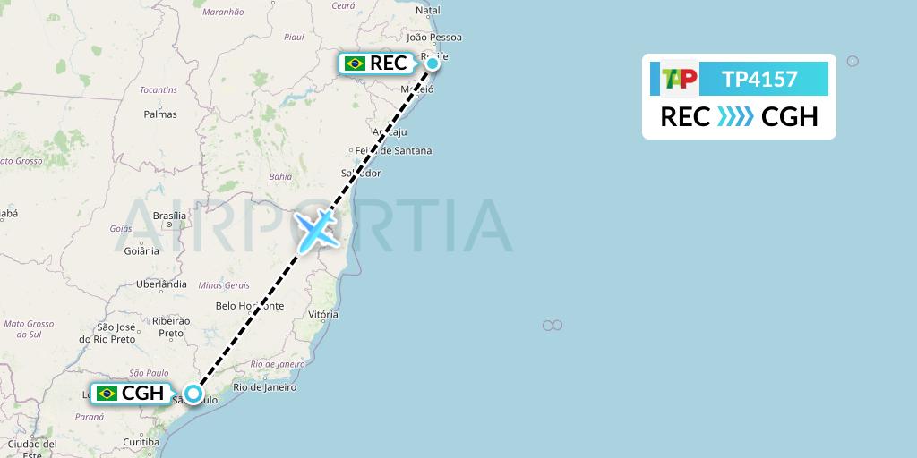 TP4157 TAP Portugal Flight Map: Recife to Sao Paulo