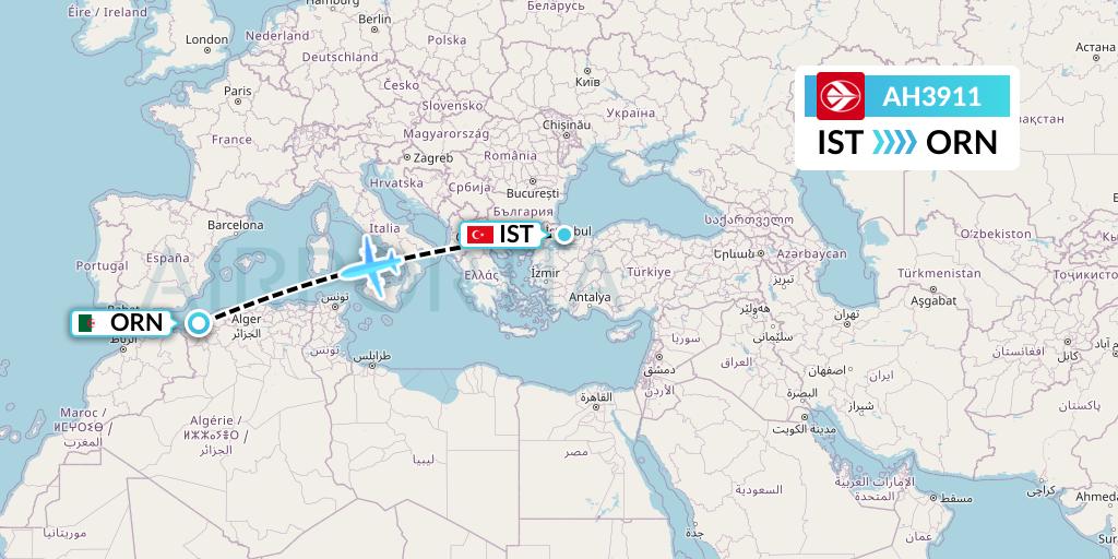 AH3911 Air Algerie Flight Map: Istanbul to Oran