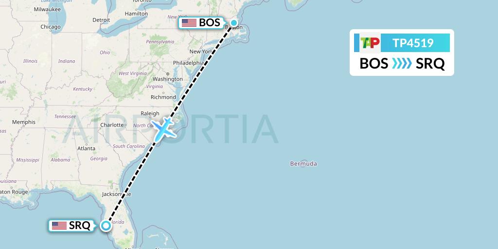 TP4519 TAP Portugal Flight Map: Boston to Sarasota