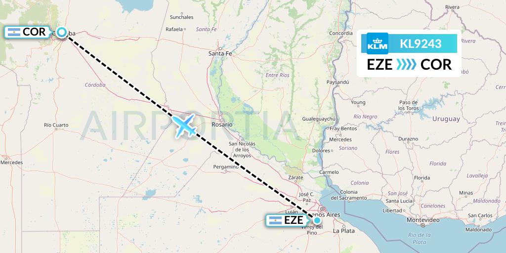 KL9243 KLM Flight Map: Buenos Aires to Cordoba