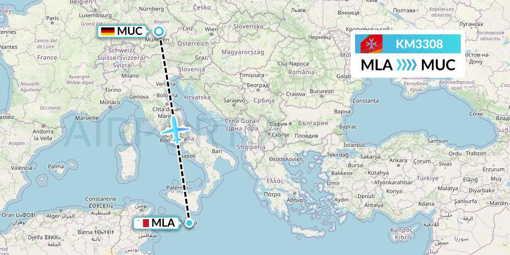 KM3308 Air Malta Flight Map: Malta to Munich
