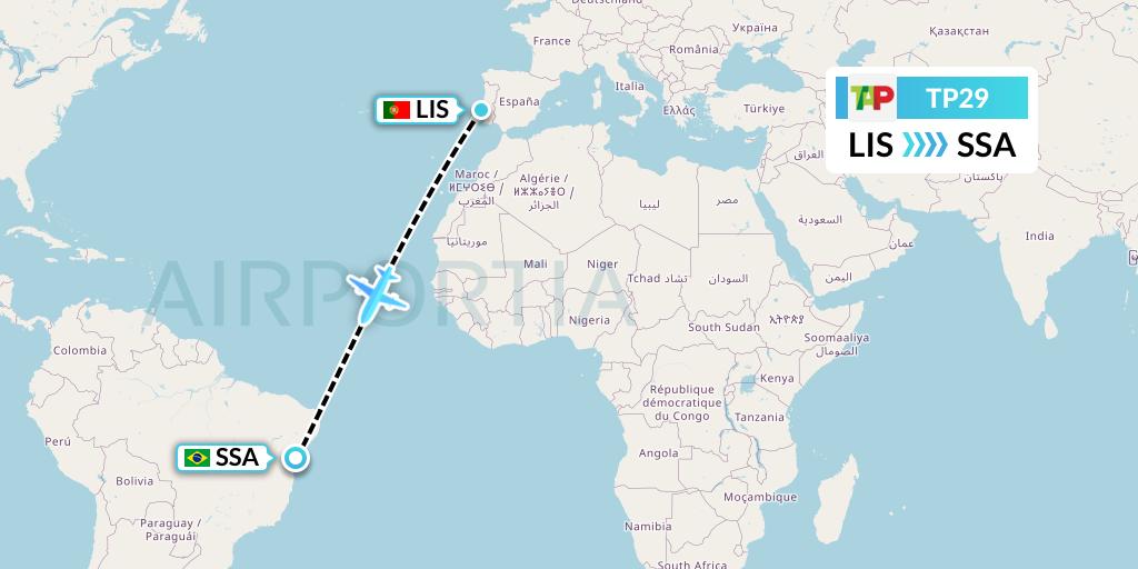 TP29 TAP Portugal Flight Map: Lisbon to Salvador