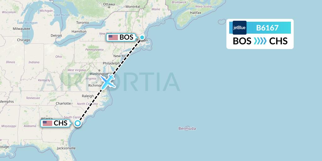 B6167 JetBlue Airways Flight Map: Boston to Charleston