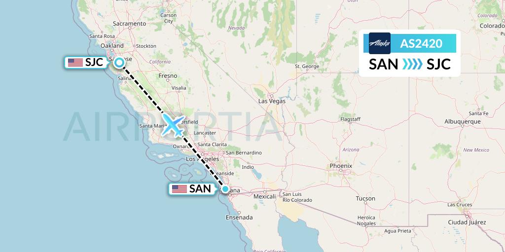 AS2420 Alaska Airlines Flight Map: San Diego to San Jose