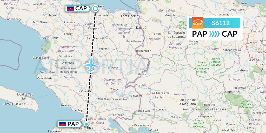 S6112 Sunrise Airways Flight Map: Port-au-Prince to Cap-Haitien