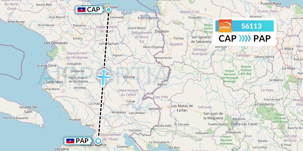 S6113 Sunrise Airways Flight Map: Cap-Haitien to Port-au-Prince