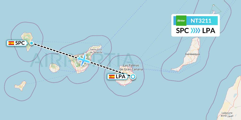 NT3211 Binter Canarias Flight Map: La Palma to Las Palmas