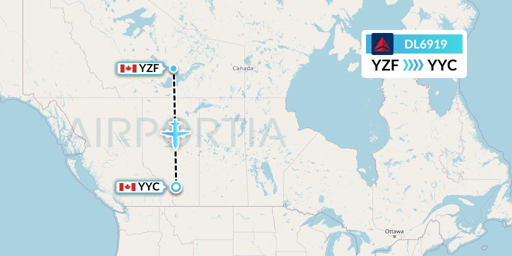 DL6919 Delta Air Lines Flight Map: Yellowknife to Calgary