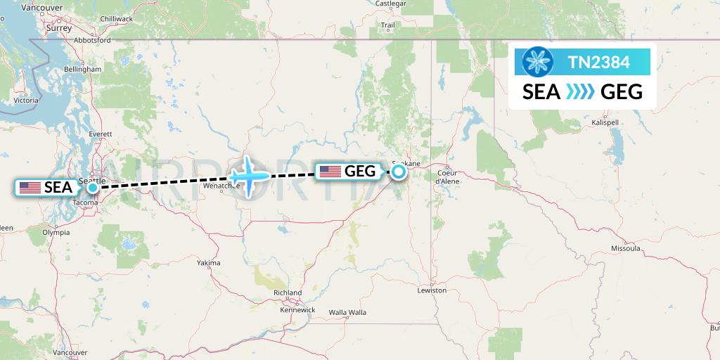 TN2384 Air Tahiti Nui Flight Map: Seattle to Spokane