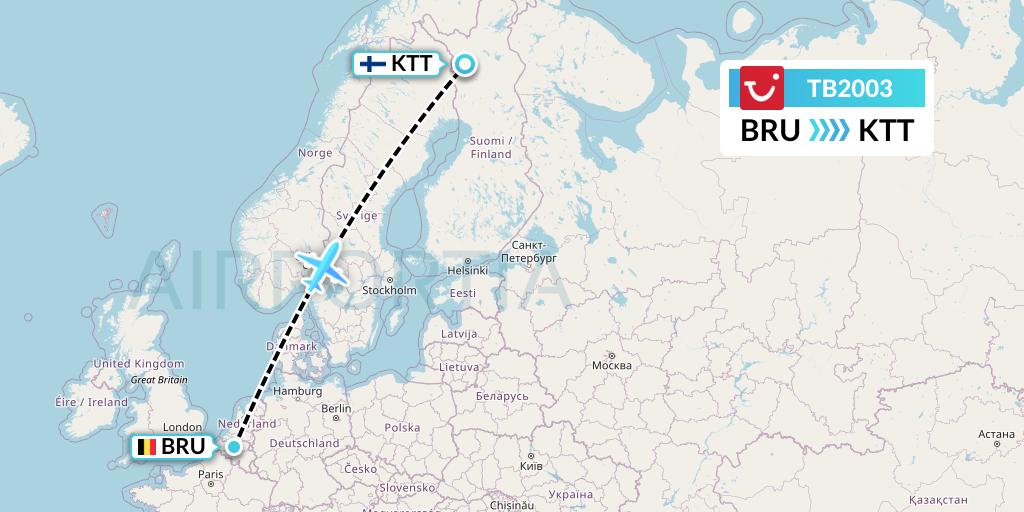 TB2003 TUI fly Belgium Flight Map: Brussels to Kittila