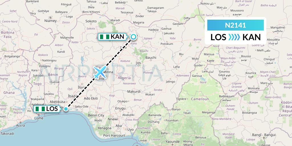 N2141 Aero Contractors Company Of Nigeria Flight Map: Lagos to Kano