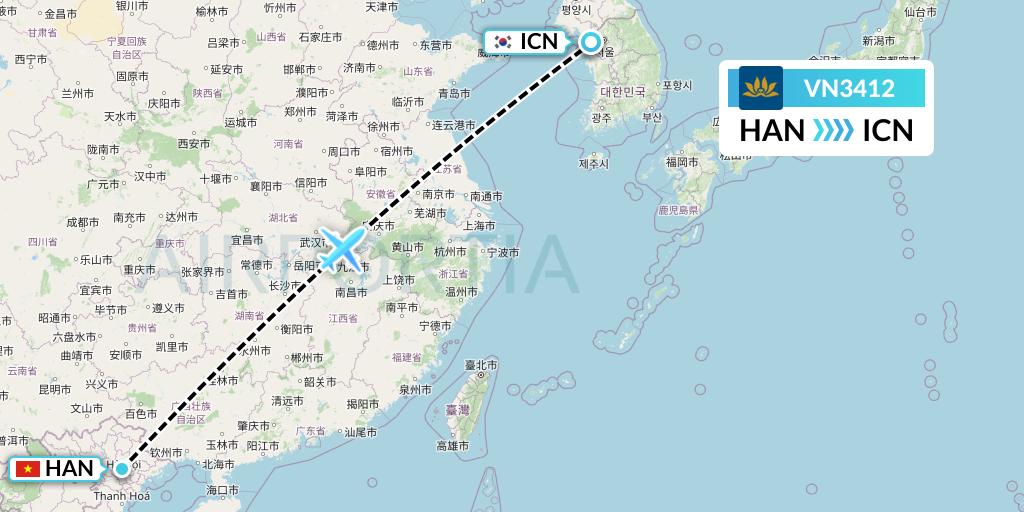 VN3412 Vietnam Airlines Flight Map: Hanoi to Seoul