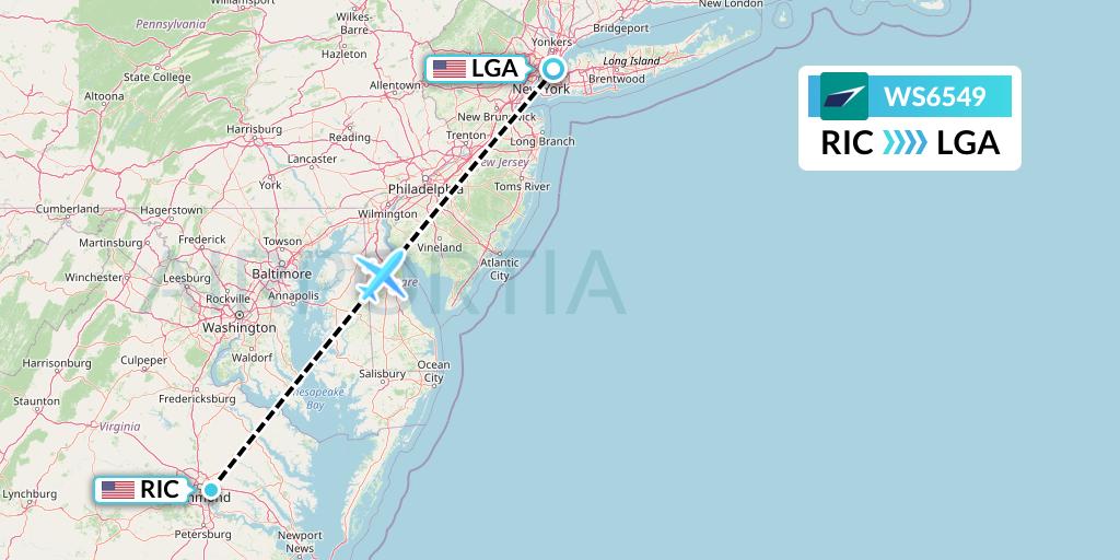 WS6549 WestJet Flight Map: Richmond to New York
