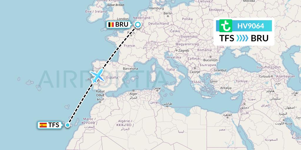 HV9064 Transavia Flight Map: Tenerife to Brussels