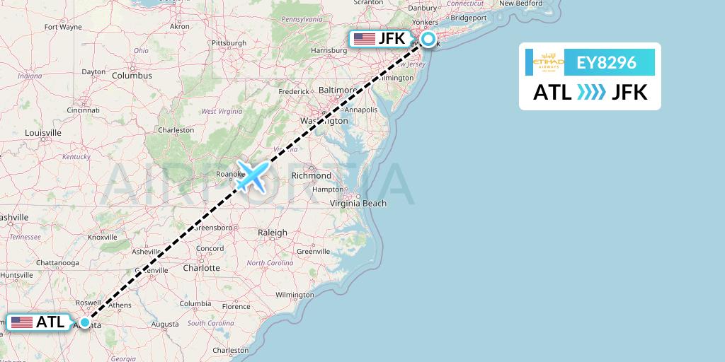 EY8296 Etihad Airways Flight Map: Atlanta to New York