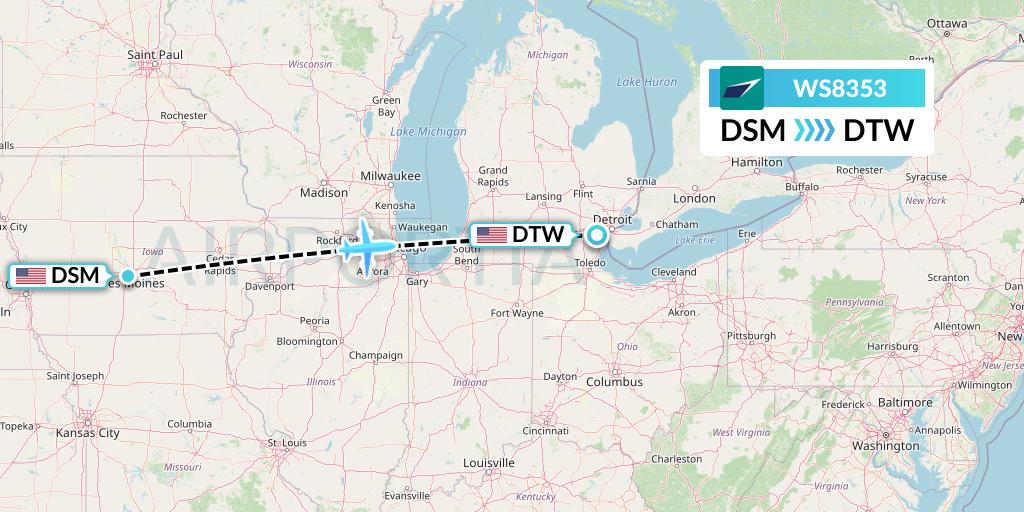 WS8353 WestJet Flight Map: Des Moines to Detroit