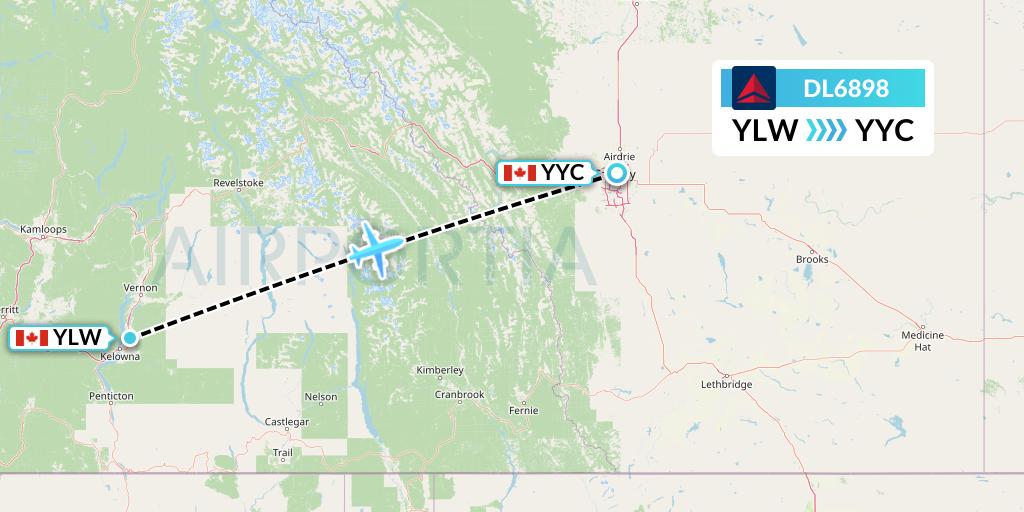 DL6898 Delta Air Lines Flight Map: Kelowna to Calgary