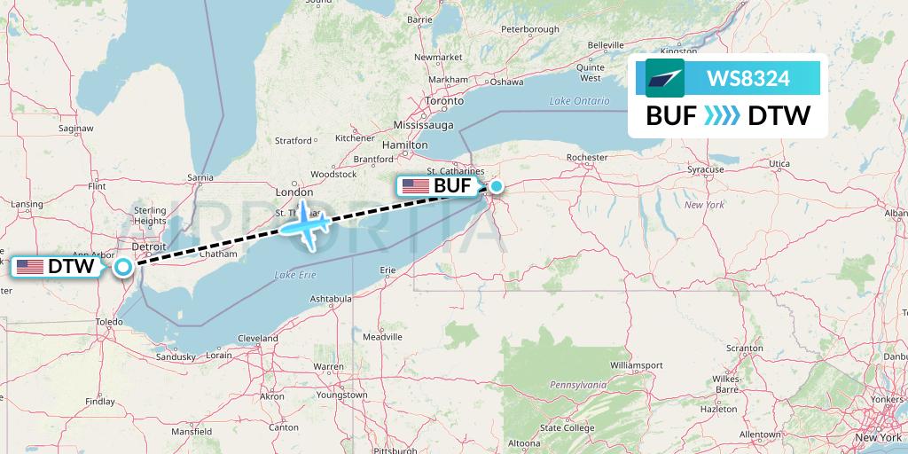 WS8324 WestJet Flight Map: Buffalo to Detroit