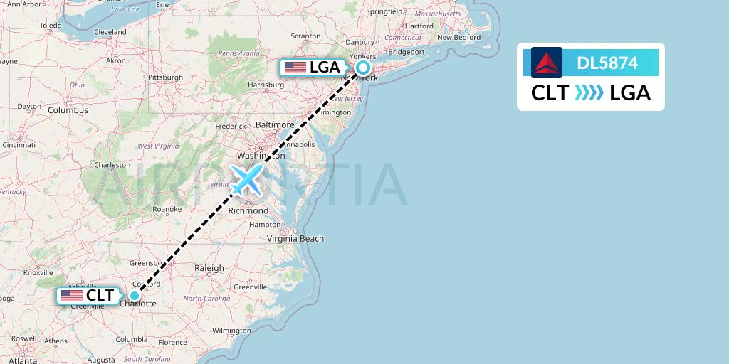 DL5874 Delta Air Lines Flight Map: Charlotte to New York