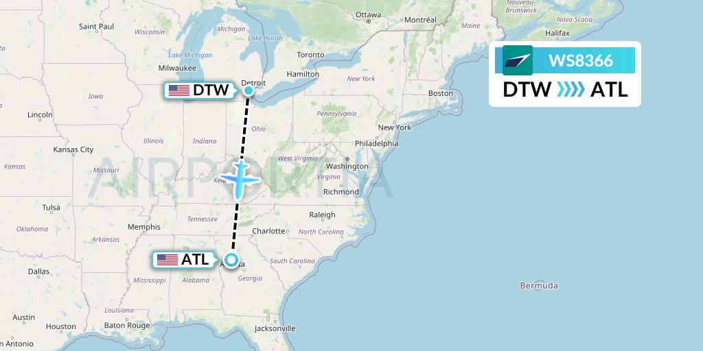 WS8366 WestJet Flight Map: Detroit to Atlanta