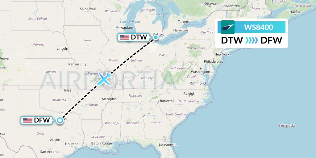 WS8400 WestJet Flight Map: Detroit to Dallas