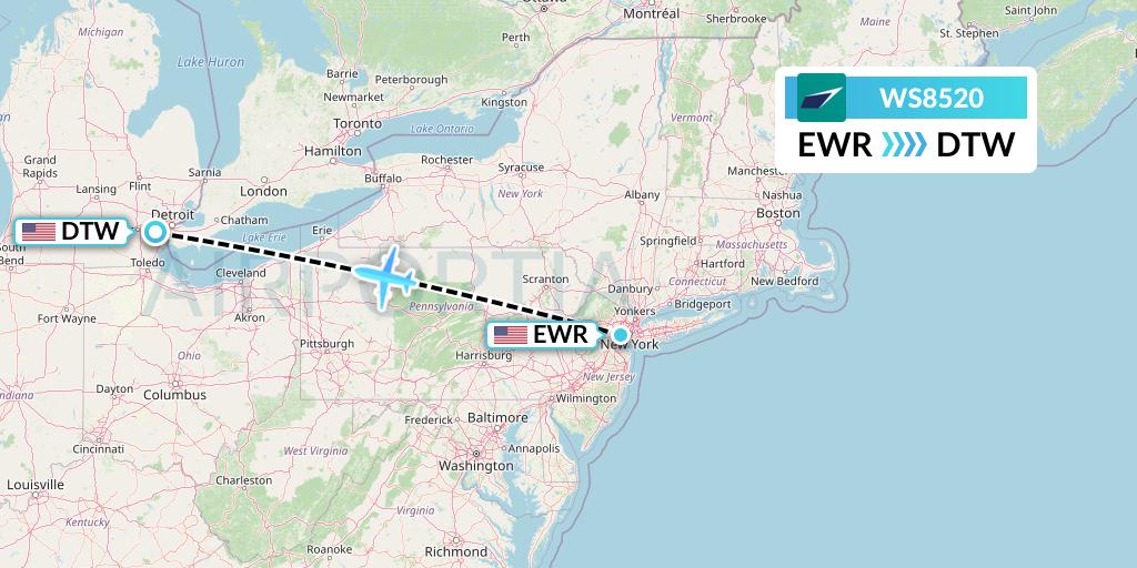WS8520 WestJet Flight Map: New York to Detroit