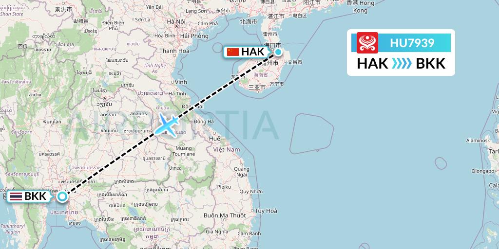 HU7939 Hainan Airlines Flight Map: Haikou to Bangkok