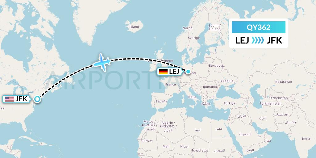 QY362 European Air Transport Flight Map: Leipzig to New York
