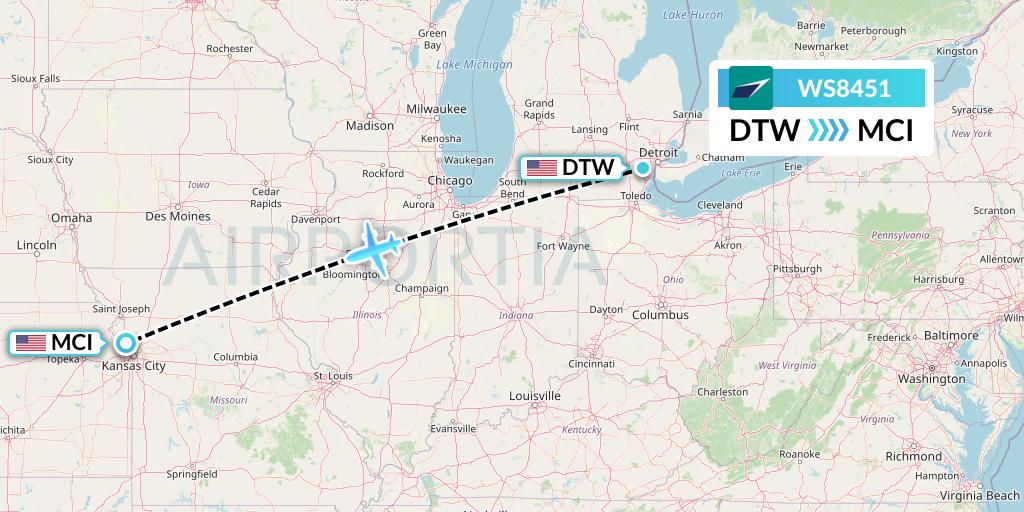 WS8451 WestJet Flight Map: Detroit to Kansas City