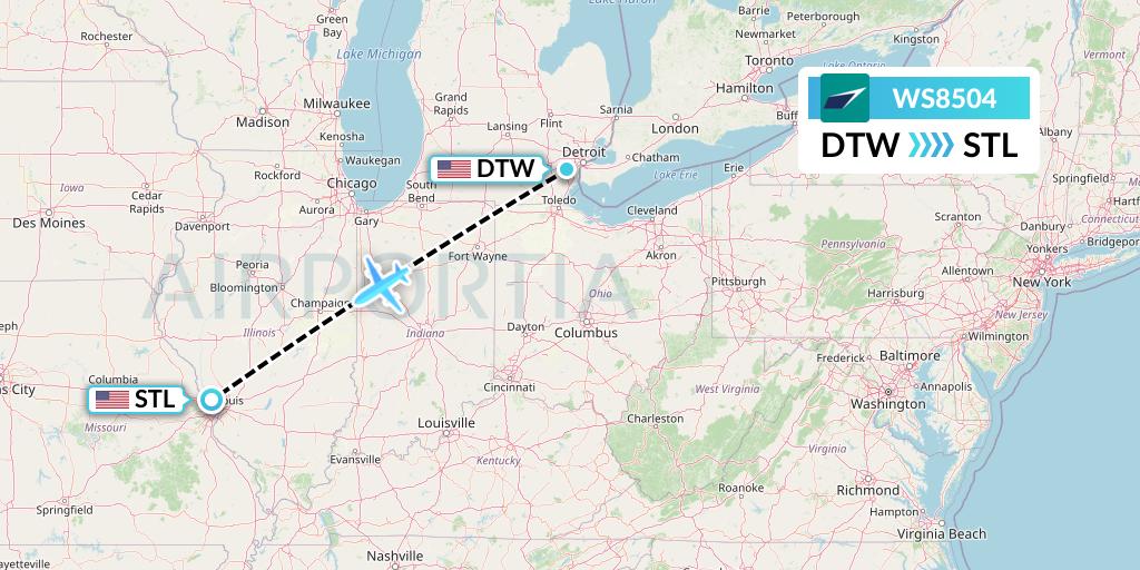 WS8504 WestJet Flight Map: Detroit to St. Louis